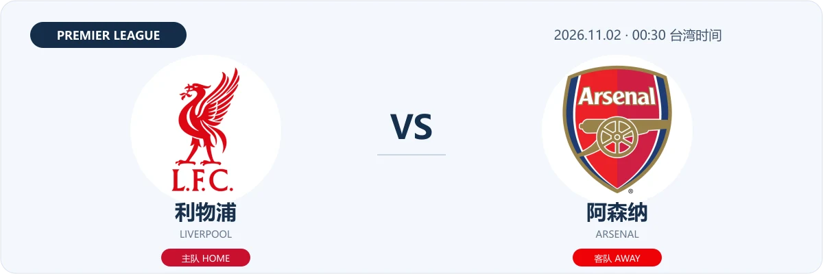 利物浦 VS 阿森纳 球队Logo对阵图